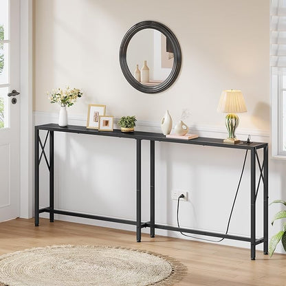 Gewudraw Console Table Narrow Long, Behind Couch Table with Oulets & USB Ports, Industrial Long Skinny Stand for Entryway,Hallway, Living Room, Bedroom Black, 7.9" D x 70" W x 30.3" H