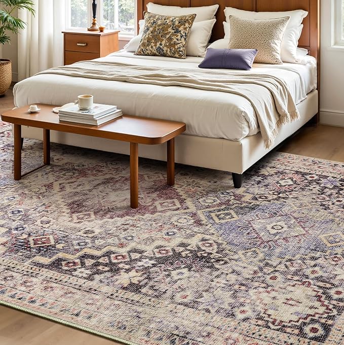 YOH Boho Washable Rug 4x6, Mauve Grey Vintage Non Slip Area Rug, Distressed Indoor Carpet for Living Room Bedroom Kitchen Office