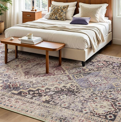 YOH Boho Washable Rug 9x12, Mauve Grey Vintage Non Slip Area Rug, Distressed Indoor Carpet for Living Room Bedroom Kitchen Office