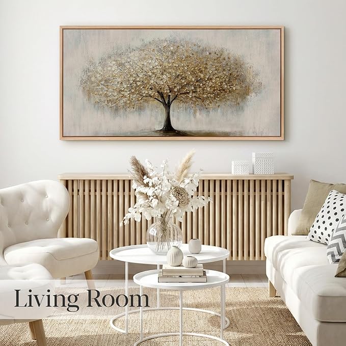Bzstyleart Large Wood Framed Wall Art Golden Tree of Life Oil Painting Canvas Prints Aesthetic Room Decor Modern Minimalist Home Decor Pictures Artwork for Living Room Bedroom Office 20x40in