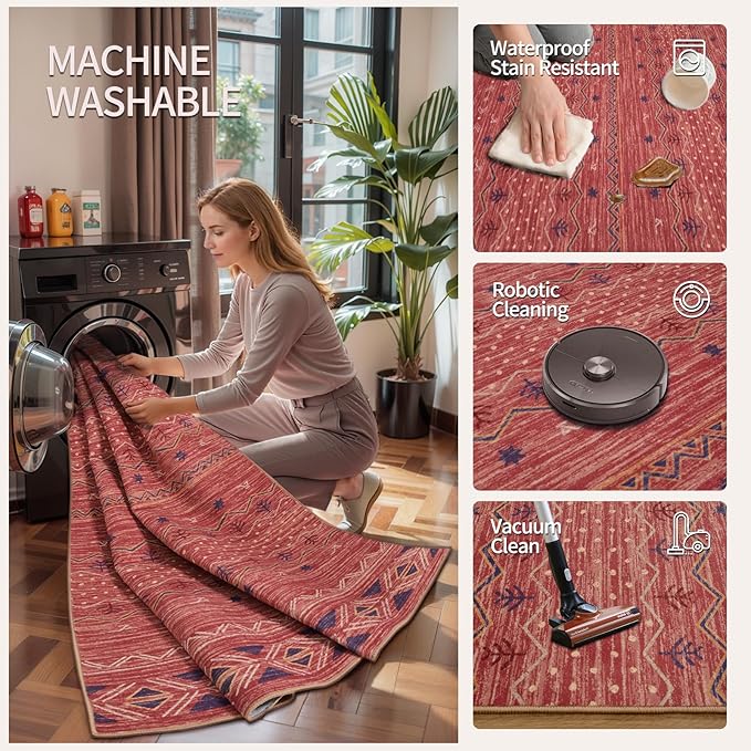 SERISSA 2x3 Rugs for Entryway, Washable Non-Slip Red Ochre Small Area Rug, Soft Low-Pile Boho Geometric Indoor Entry Rug Door Mat Indoor Entrance Front Door Carpet for Bathroom Kitchen Bedroom