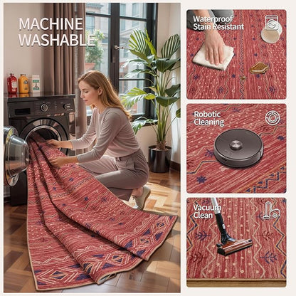 SERISSA 2x4 Rugs for Entryway, Washable Non-Slip Kitchen Runner Rug Small Red Ochre Rug, Soft Low-Pile Boho Geometric Door Mat Indoor Entrance Front Door Carpet for Bedroom Bathroom