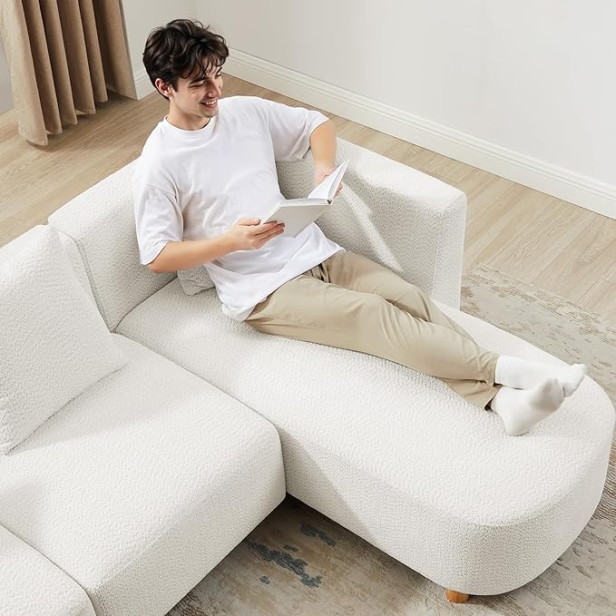 VANOMi 113" Sectional Sofa with 4 Pillows, U-Shaped 4-Seater Comfy Boucle Cloud Couch, Modern Double Chaises Lounge Sofas for Living Room, Office, Apartment (White-U)
