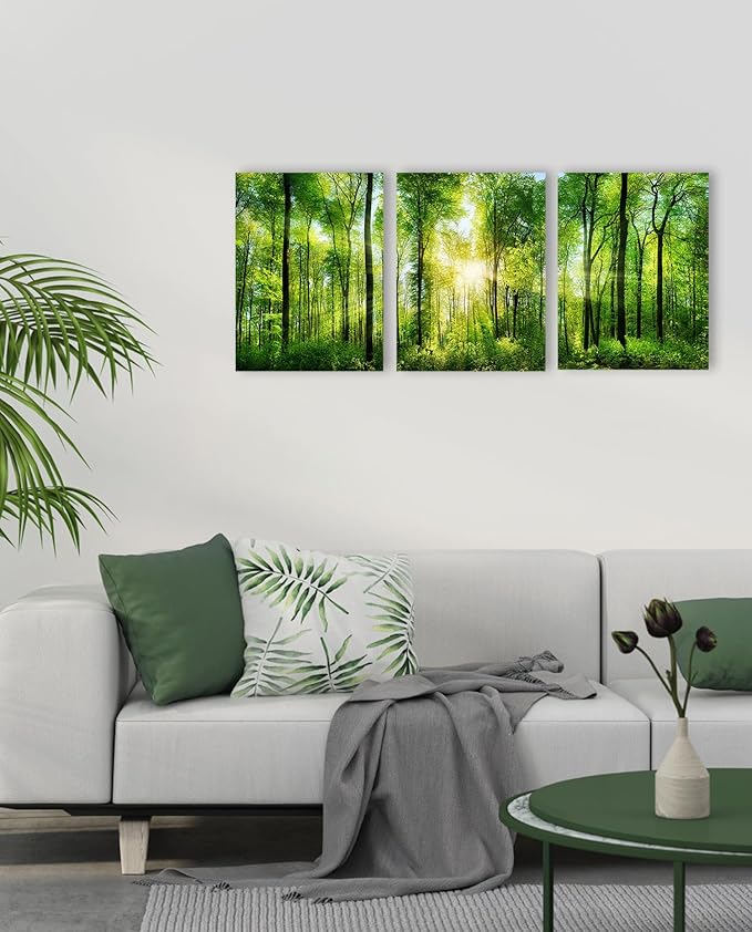 Forest Art Canvas Wall Decor: 3 Panel Nature Wall Art Landscape Paintings Framed Trees Green Pictures Sunrise Scenery Wall Decor for Living Room Bedroom Office Bathroom 12 x 16 Inch