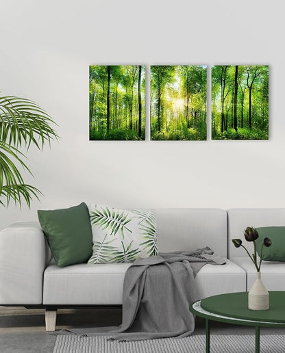 Forest Art Canvas Wall Decor: 3 Panel Nature Wall Art Landscape Paintings Framed Trees Green Pictures Sunrise Scenery Wall Decor for Living Room Bedroom Office Bathroom 12 x 16 Inch
