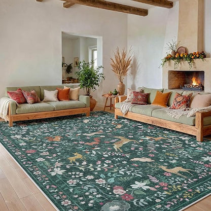 8x10 Area Rugs Washable Rug: Lagre Boho Living Room Rug Soft Non-Slip Thin Carpet Indoor Floor Non-Shedding Neutral Floral Carpets for Bedroom Dining Room Farmhouse Nursery Dark Green
