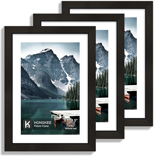 Hongkee 7x10 Frame with Real Glass - Display 5.5 x 8.5 Diploma Frame with Mat or 7 x 10 without Mat, Photo Frame for Wall or Table Top Display(Black, 3 Pack)