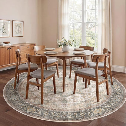 EIEIHOUSE 8ft Round Rugs for Living Room - Washable Neutral Vintage Distressed Farmhouse Large Soft Floor Area Rug Indoor Carpet for Bedroom Dining Room Office -Forest Green Orange