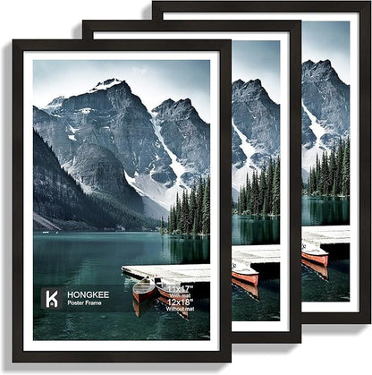 Hongkee 12x18 Frame Set of 3 - Display 11x17 Photo with Mat or 12 x 18 Poster without Mat, Wall Mounting Horizontal and Vertical, Black