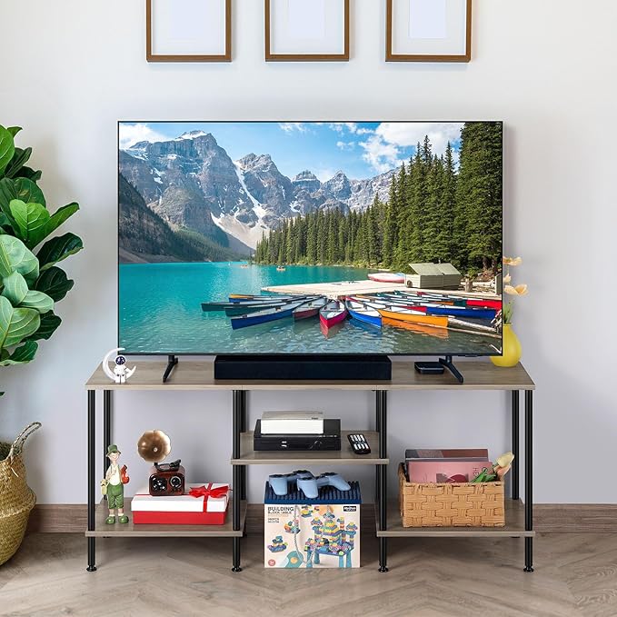 BTY TV Stand for Living Room Modern TV Console with Storage 50 Inch Small Wood Entertainment Stand with Open Storage Shelves for Bedroom, Small Space, Grey