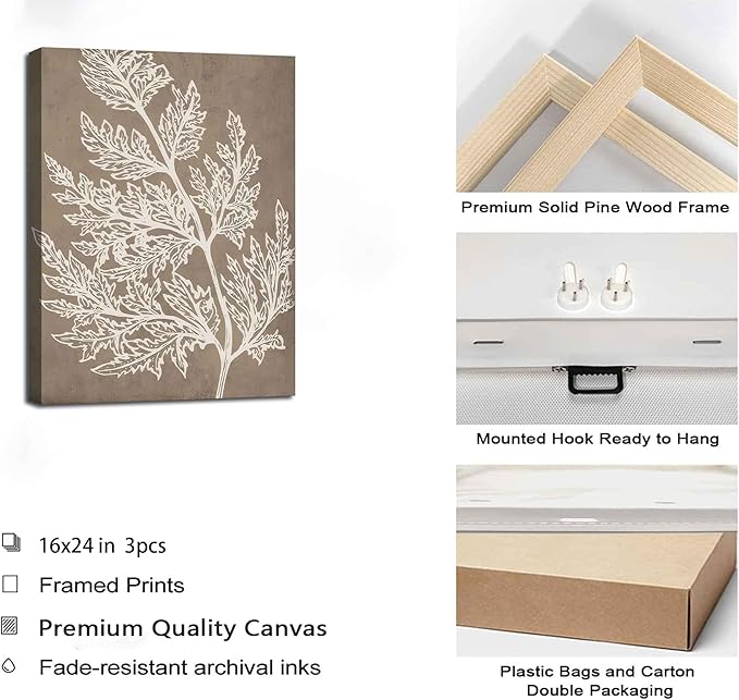 3Pcs Framed Botanical Canvas Wall Art Black Tan Fern Leaf Pictures Minimalist Paintings Nature Fern Plant Silhouette Posters Prints for Living Room Bedroom Office Farmhouse Wall Decor