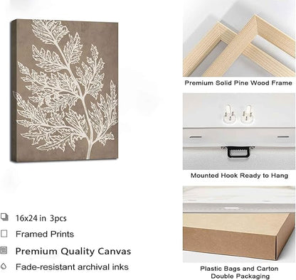 3Pcs Framed Botanical Canvas Wall Art Black Tan Fern Leaf Pictures Minimalist Paintings Nature Fern Plant Silhouette Posters Prints for Living Room Bedroom Office Farmhouse Wall Decor