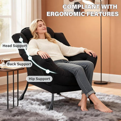 MBOOYOME Lazy Chair, Modern Soft Reading Chair Accent Contemporary Sofa Chair with Armrests and a Side Pocket for Living Room, Bedroom, Dorm & Office, Black