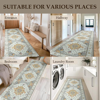 RELEANY Area Rugs 2'x6' Runner Rug Non Slip Washable for Kitchen Hallway Bedroom Beside Laundry Room Bathroom Rug, Floor Carpet, Light Yellow Carbon Grey Orange