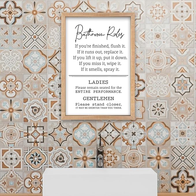 Bathroom Rules Wall Decor 16"×11" Restroom Toile Sign Humor Quotes for Bathroom Humorous Modren Restroom Wood Framed Wall Hanging Art (Wood）