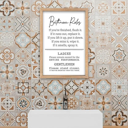 Bathroom Rules Wall Decor 16"×11" Restroom Toile Sign Humor Quotes for Bathroom Humorous Modren Restroom Wood Framed Wall Hanging Art (Wood）