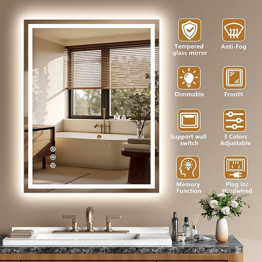 28x36 Inch LED Lighted Bathroom Mirror - Anti-Fog Vanity Mirror with Dimmable Front & Backlit, 3 Color Temp, Smart Memory - Shatterproof HD Glass, IP54 Waterproof Wall Mounted for Makeup Shaving
