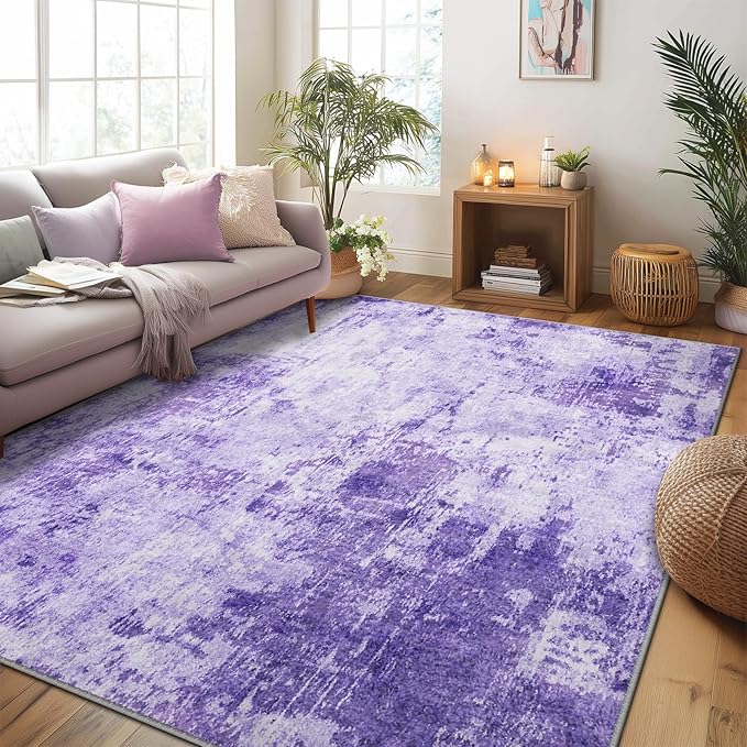 RELEANY Washable Area Rugs 6'x8' Non-Slip Modern Abstract Soft for Living Room Entryway Bedroom Nursery, Print Pattern, Purple Gray Pink White