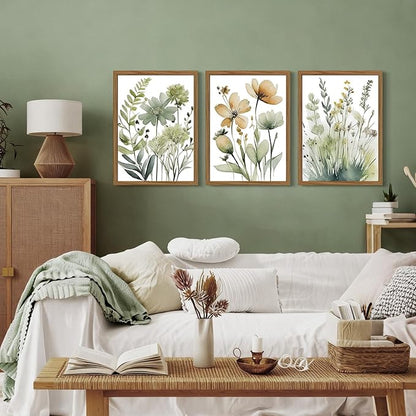 Sage Green Botanical Wall Art Boho Floral Wall Decor Minimalist Plant Canvas Pictures Flower Botanical Prints Watercolor Wildflower Poster Painting for Bathroom Bedroom 16x24x3 Inch Wood Frame