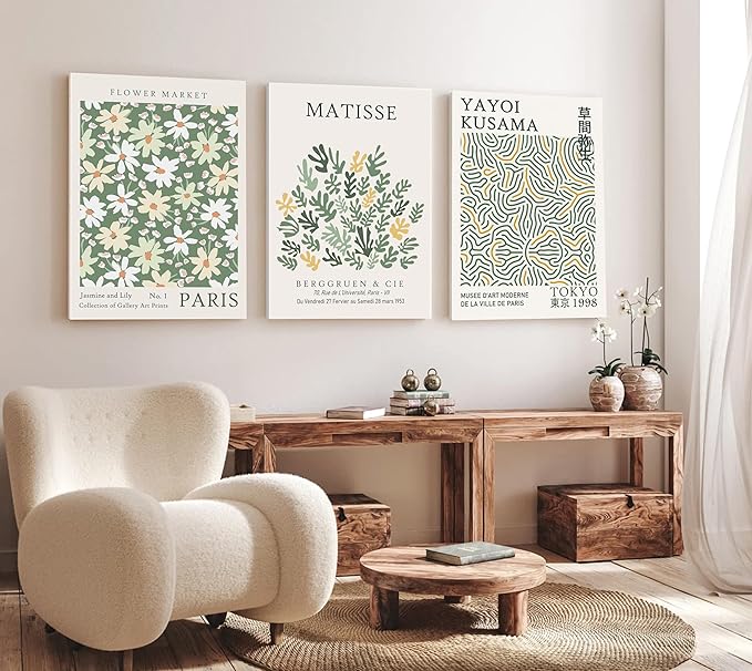 Induslyfe Large Framed Green Wall Art Canvas Decor Set of 3, Matisse Wall Art Framed Prints Posters Mid Century Modern Art, Aesthetic Floral Botanical Wall Art for Bedroom, Living Room, Bathroom 18x24