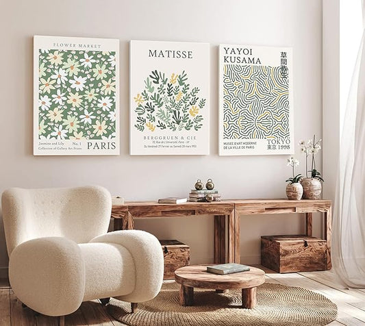 Induslyfe Large Framed Green Wall Art Canvas Decor Set of 3, Matisse Wall Art Framed Prints Posters Mid Century Modern Art, Aesthetic Floral Botanical Wall Art for Bedroom, Living Room, Bathroom 18x24