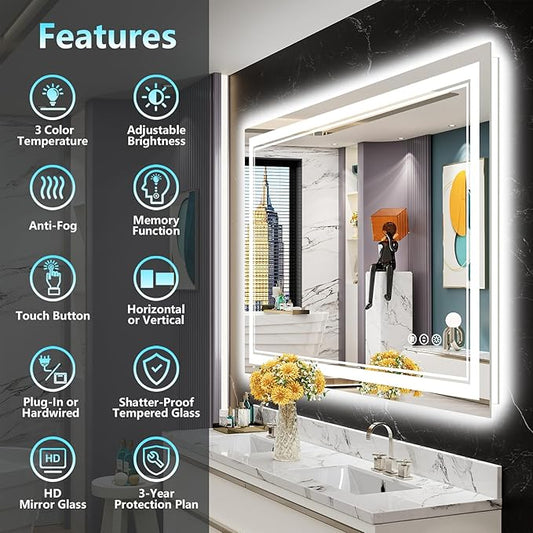 48x40 LED Bathroom Mirror with Lights, Backlit and Front Lit Anti-Fog Lighted Vanity Mirrors for Bathroom Wall, Dimmable, 3-Color Light, Memory, Shatter-Proof, HD Tempered Glass, CRI＞90
