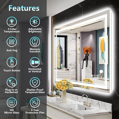 48x30 LED Bathroom Mirror with Lights, Backlit and Front Lit Anti-Fog Lighted Vanity Mirrors for Bathroom Wall, Dimmable, 3-Color Light, Memory, Shatter-Proof, HD Tempered Glass, CRI＞90