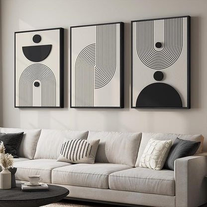 Large 3D Textured Framed Black and White Abstract Wall Art for Living Room, 3 Piece Modern Geometric Paintings, Minimalist Neutral Relief Pictures for Dining Bedroom Hallway Office Wall Decor, 24x36 In