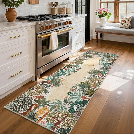 GarveeHome 2x6 Jungle Washable Runner Rug for Kitchen, Soft Animal Print Hallway Runner Non Slip Beige Entryway Rug Farmhouse Laundry Mat Stain Resistant Carpet for Bedroom Bathroom