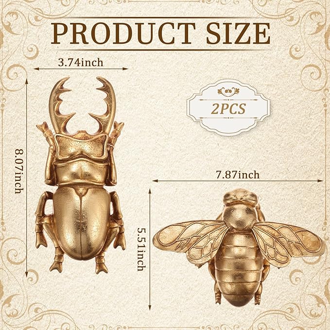 Kathfly 2 Pcs Vintage Beetle and Bee Wall Sculpture Decor Antique 3D Beetle and Bee Gold Resin Wall Decorations Golden Brass Floating Ornament for Living Room Garden Outdoor
