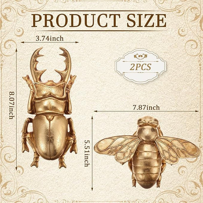 Kathfly 2 Pcs Vintage Beetle and Bee Wall Sculpture Decor Antique 3D Beetle and Bee Gold Resin Wall Decorations Golden Brass Floating Ornament for Living Room Garden Outdoor