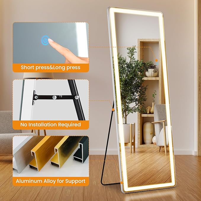 Full Length Mirror with Stand 21"×64", Upgraded Full Body Mirrors with LED Light 3 Color Lighting, Floor Standing, Hanging or Leaning Modern Simple Home Wall Decor, White