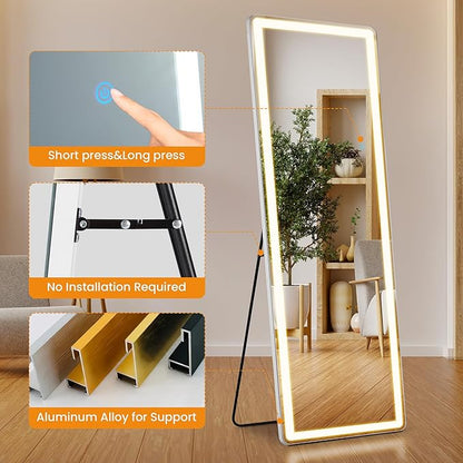 Full Length Mirror with Stand 21"×64", Upgraded Full Body Mirrors with LED Light 3 Color Lighting, Floor Standing, Hanging or Leaning Modern Simple Home Wall Decor, White