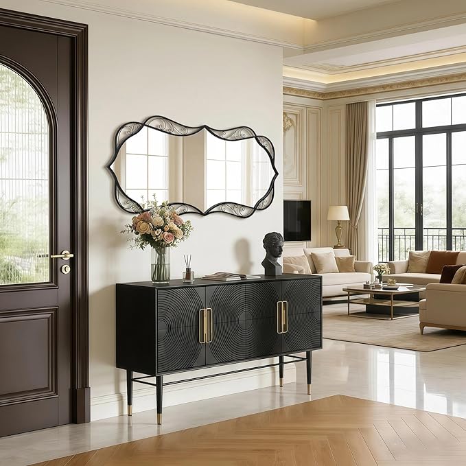 Besdomus Black Bathroom Wall Mirror: 24"x48" Scalloped Modern Large Vanity Mirror for Wall - Farmhouse Decorative Vertical or Horizontal Hanging - Wall Decor for Living Room/Entryway/Bathroom/Bedroom