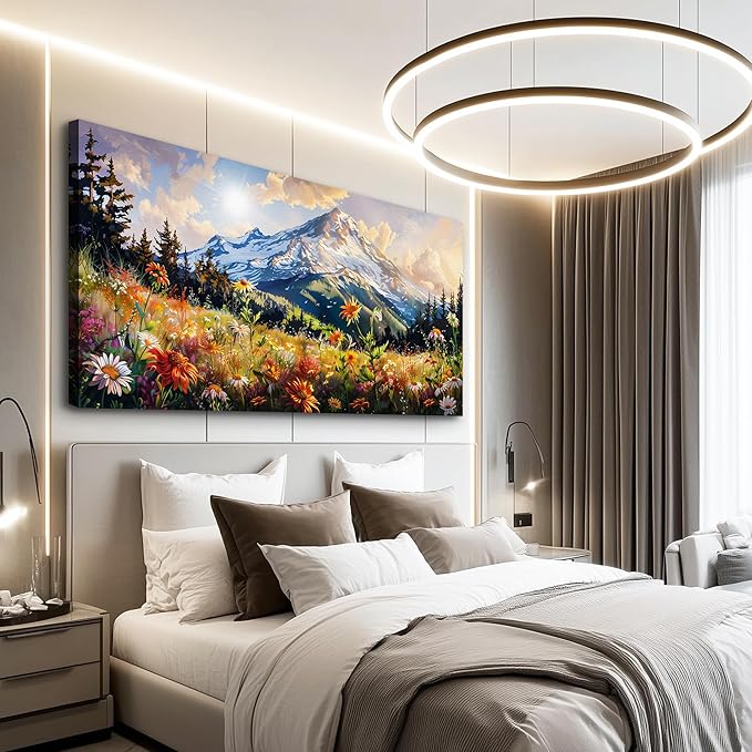 FUHAIHUA Large Framed Wall Decor For Living Room Canvas Wall Art For Office Farmhouse Wall Decorations For Bedroom Mountain Flower Landscape Paintings Modern Pictures Artwork Home Decor 24x48 In