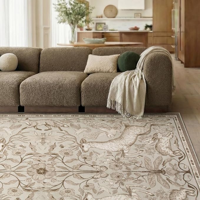 Lahome 8x10 Area Rug for Living Room, Dorval Washable Boho Deer Rug, Earthy Botanical Non Slip Low Pile Large Carpet for Bedroom Dining Room Office Nursery Farmhouse Home Decor Beige