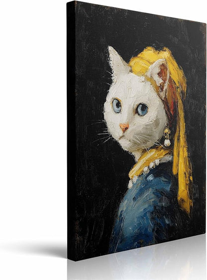 Whimsical Cat Portrait Canvas Wall Art Framed Oil Painting Inspired by Classic Masterpiece with Pearl Earring Yellow Scarf Blue Eyes Modern Humorous Wall Decor Artwork for Bathroom Office 12x16 Inches