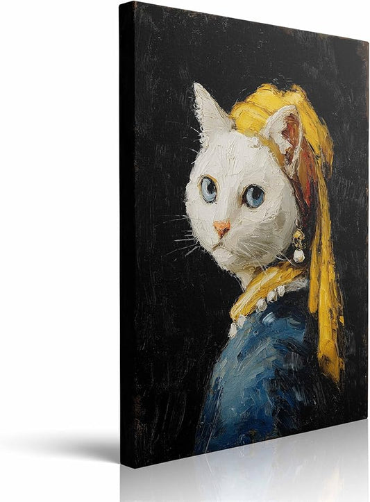 Whimsical Cat Portrait Canvas Wall Art Framed Oil Painting Inspired by Classic Masterpiece with Pearl Earring Yellow Scarf Blue Eyes Modern Humorous Wall Decor Artwork for Bathroom Office 12x16 Inches