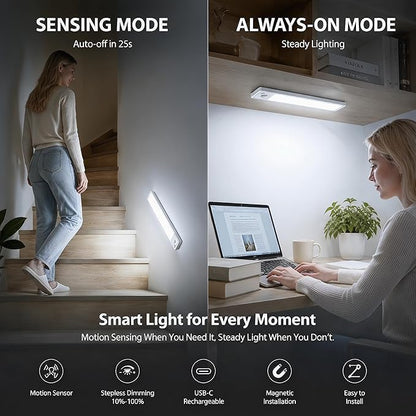 Under Cabinet Motion Sensor Lighting: 12 Inch Dimmable Rechargeable Lights Indoor - Battery Operated Lights - Undercabinet Closet Light Magnetic Led Light for Kitchen Home Bathroom Counter 3 Pack