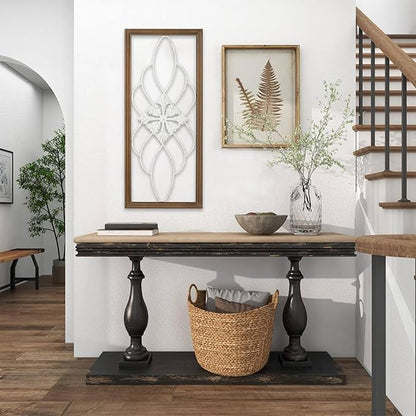 Sintosin Rustic Wood and Metal Wall Art Decor Living Room 14 x 35 Inch, Hanging Distressed White Decorative Vintage Wrought Iron Wall Decor for Living Room Entryway Hallway Bedroom Kitchen