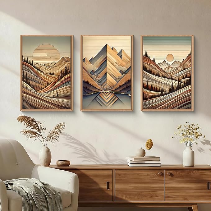 Aryroi Vintage Woodcut Style Mountain Framed Canvas Wall Art Set,Mid Century Nature Woodland Pine Tree Wall Decor,Modern Boho Brown Sunrise Forest Artwork for Living Room,Bedroom,Office- 16"x24"x3