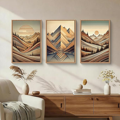 Aryroi Vintage Woodcut Style Mountain Framed Canvas Wall Art Set,Mid Century Nature Woodland Pine Tree Wall Decor,Modern Boho Brown Sunrise Forest Artwork for Living Room,Bedroom,Office-24 x36 x3