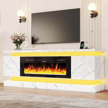 chartustriable 71IN LED TV Stands w/40 inch Fireplace Power Outlet for 85/80/75 Inch TVs,High Glossy Modern TV Media Console Gaming with 2 Storage Cabinets,Dual LED Lights,White Marble