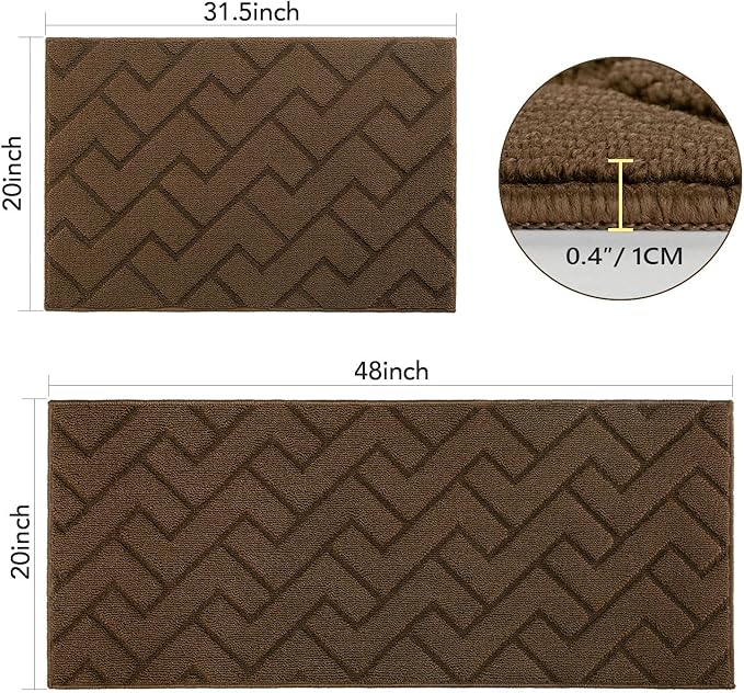 hicorfe Kitchen Runner Rugs and Mats Sets,2 Pieces Absorbent Non-Slip Kitchen Rug,Comfort Kitchen Mat for Floor,Washable for Kitchen,Hallway,Office,Sink,Laundry(20"x48"+20"x32",Dark Brown)