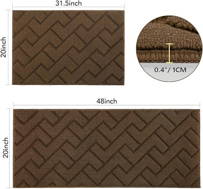 hicorfe Kitchen Runner Rugs and Mats Sets,2 Pieces Absorbent Non-Slip Kitchen Rug,Comfort Kitchen Mat for Floor,Washable for Kitchen,Hallway,Office,Sink,Laundry(20"x48"+20"x32",Dark Brown)