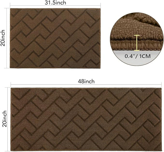hicorfe Kitchen Runner Rugs and Mats Sets,2 Pieces Absorbent Non-Slip Kitchen Rug,Comfort Kitchen Mat for Floor,Washable for Kitchen,Hallway,Office,Sink,Laundry(20"x48"+20"x32",Dark Brown)