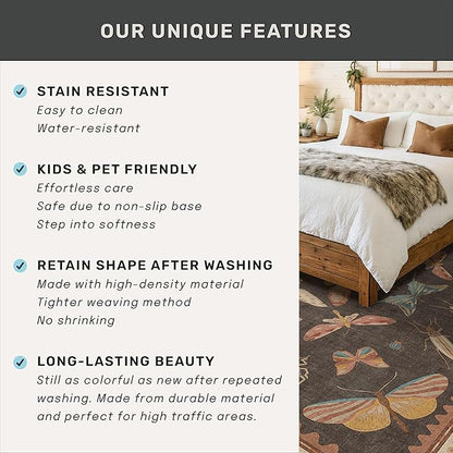 Dining Room Rugs for Under Table 6x9 - Washable Soft Rugs for Bedroom Aesthetic, Low Pile Stain Resistant Living Room Carpet, Vintage Insect Home Décor (Brown)