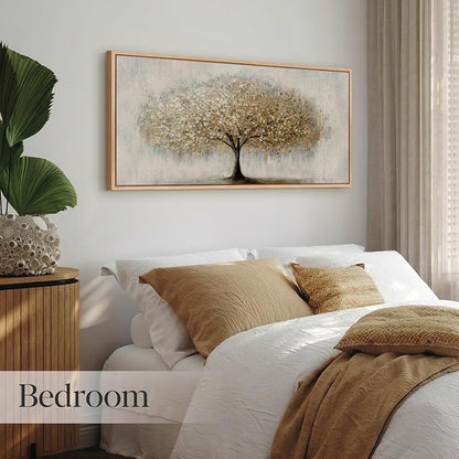 Bzstyleart Large Wood Framed Wall Art Golden Tree of Life Oil Painting Canvas Prints Aesthetic Room Decor Modern Minimalist Home Decor Pictures Artwork for Living Room Bedroom Office 20x40in