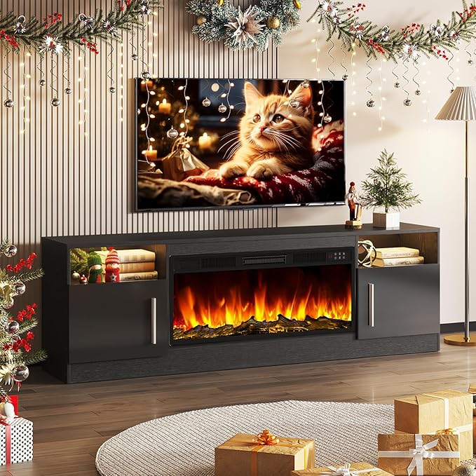 Tavata Fireplace TV Stand Entertainment Center with 36" Fireplace, 70" Wooden TV Stand for TVs Up to 80", Media TV Console with High Gloss Storage Cabinet and 16 Colors LED Lights (Black)