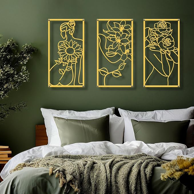 Zzbakress 4 Pcs Metal Minimalist Abstract Woman and Flower Wall Art Single Line Drawing Art Decoration Minimalist Home Hanging Wall Art Decor for Bedroom Kitchen Bathroom Living Room (style1, Gold)